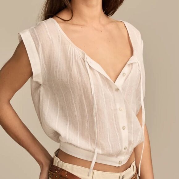 Lucky Brand XL White Silver Lurex Textured Stripe Sheer Sleeveless Crop Top - Picture 6 of 14